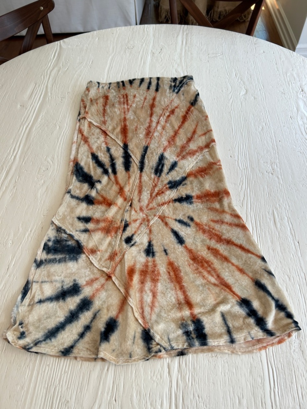 Free People Beige Tie-Dye A-Line Midi Skirt with Rust & Navy